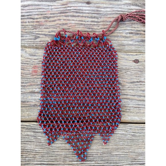 Antique Glass Beaded Pouch Draw String Purse Red Blue No lining - Picture 1 of 9